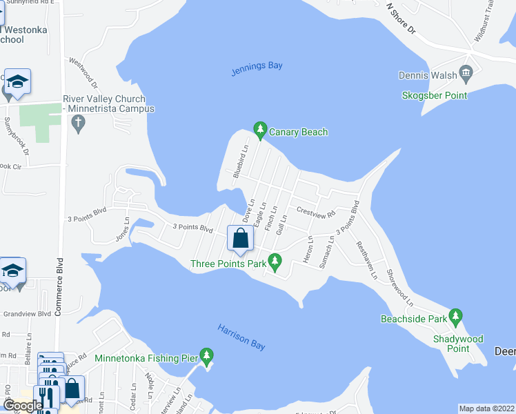 map of restaurants, bars, coffee shops, grocery stores, and more near 1637 Eagle Lane in Mound