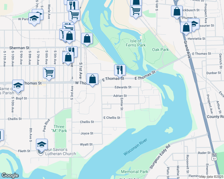 map of restaurants, bars, coffee shops, grocery stores, and more near 120 Adrian Street in Wausau