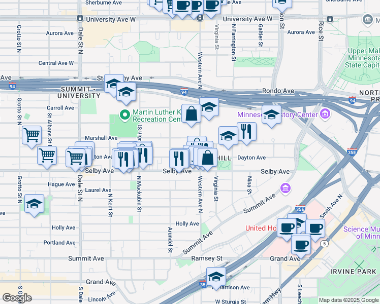 map of restaurants, bars, coffee shops, grocery stores, and more near 397 Dayton Avenue in Saint Paul