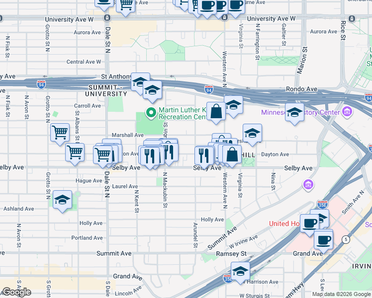 map of restaurants, bars, coffee shops, grocery stores, and more near 455 Dayton Ave in St Paul