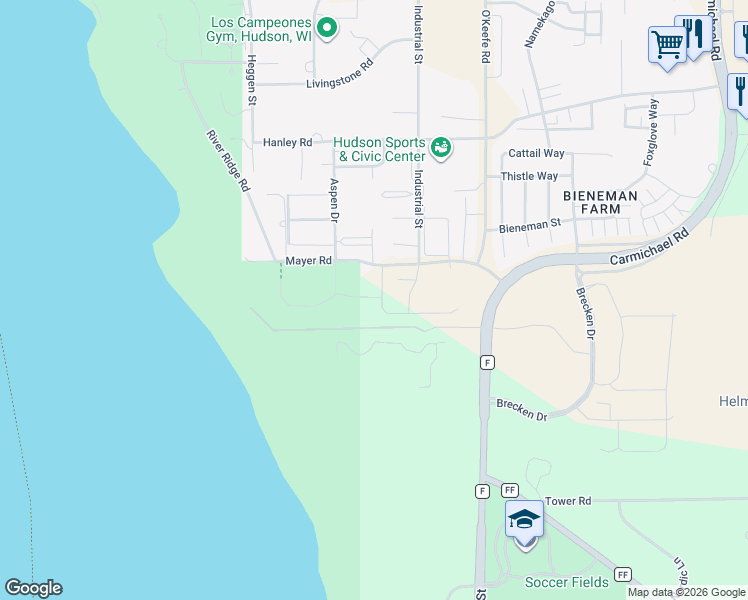 map of restaurants, bars, coffee shops, grocery stores, and more near 1533 Southpoint Drive in Hudson