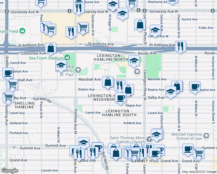 map of restaurants, bars, coffee shops, grocery stores, and more near 1223 Dayton Avenue in Saint Paul