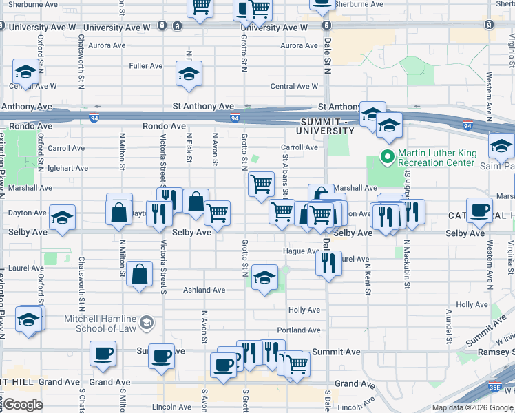 map of restaurants, bars, coffee shops, grocery stores, and more near 723 Dayton Avenue in Saint Paul