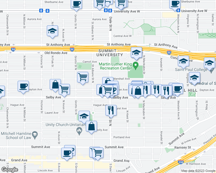 map of restaurants, bars, coffee shops, grocery stores, and more near 625 Dayton Avenue in Saint Paul