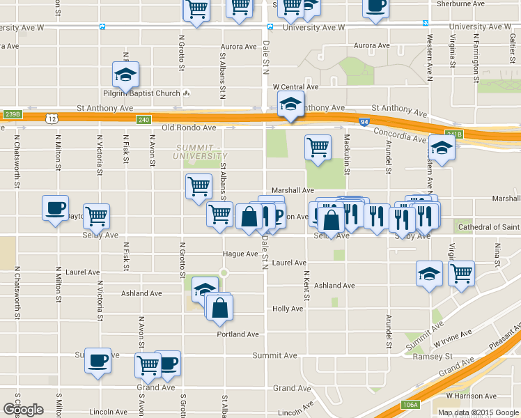 map of restaurants, bars, coffee shops, grocery stores, and more near 617 Dayton Avenue in Saint Paul