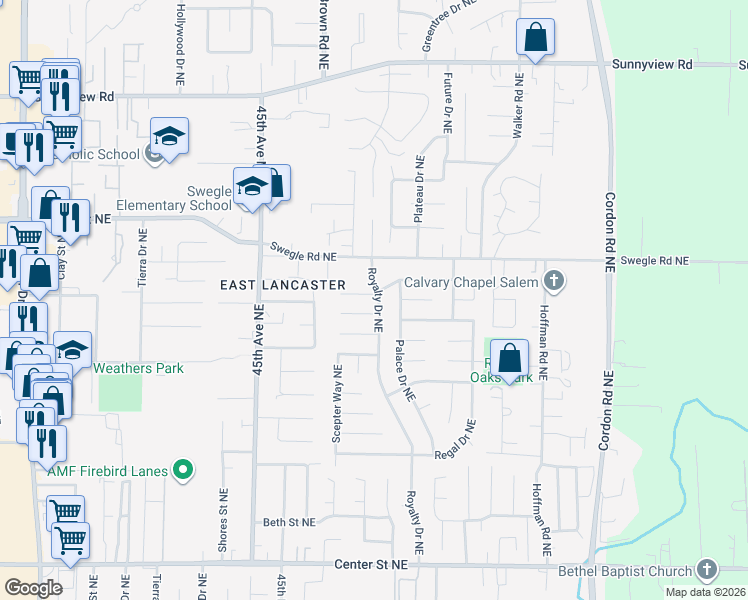 map of restaurants, bars, coffee shops, grocery stores, and more near 4678 Squire Court Northeast in Salem