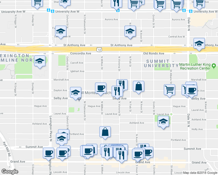 map of restaurants, bars, coffee shops, grocery stores, and more near 897 Dayton Avenue in Saint Paul