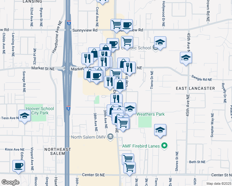 map of restaurants, bars, coffee shops, grocery stores, and more near 1480 Lancaster Drive Northeast in Salem
