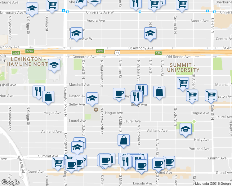 map of restaurants, bars, coffee shops, grocery stores, and more near 935 Dayton Avenue in Saint Paul