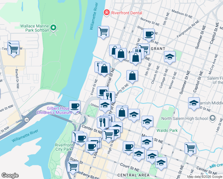 map of restaurants, bars, coffee shops, grocery stores, and more near 777 Commercial Street Northeast in Salem