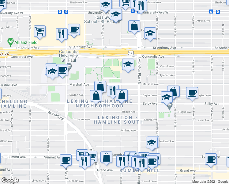 map of restaurants, bars, coffee shops, grocery stores, and more near 1181 1/2 Dayton Avenue in Saint Paul