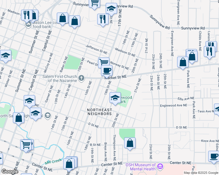 map of restaurants, bars, coffee shops, grocery stores, and more near 1280 18th Street Northeast in Salem