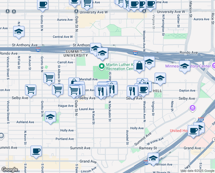 map of restaurants, bars, coffee shops, grocery stores, and more near 217 North Mackubin Street in Saint Paul