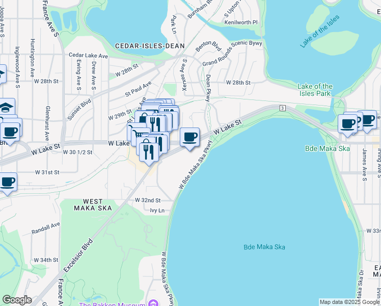 map of restaurants, bars, coffee shops, grocery stores, and more near 3033 Excelsior Boulevard in Minneapolis