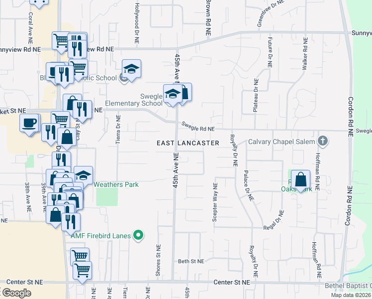 map of restaurants, bars, coffee shops, grocery stores, and more near 4532 Farrell Avenue Northeast in Salem