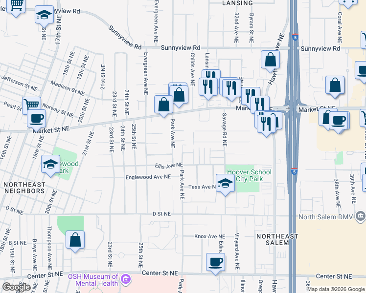map of restaurants, bars, coffee shops, grocery stores, and more near 1507 East Park Avenue Northeast in Salem