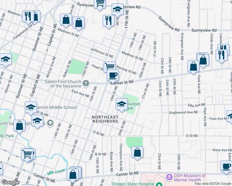 map of restaurants, bars, coffee shops, grocery stores, and more near 1280 18th Street Northeast in Salem