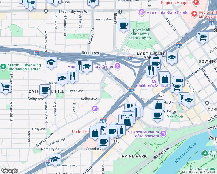 map of restaurants, bars, coffee shops, grocery stores, and more near 178 Mulberry Street in Saint Paul