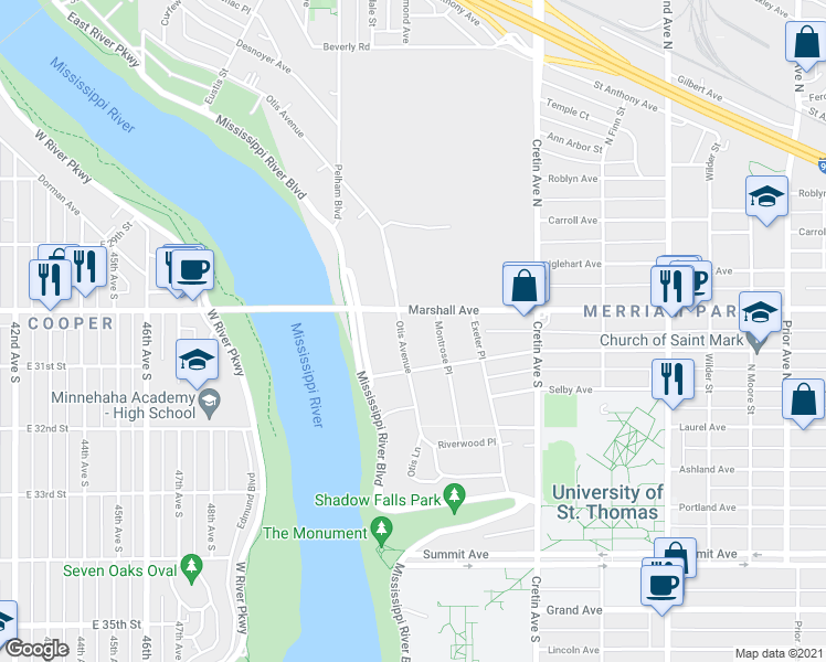 map of restaurants, bars, coffee shops, grocery stores, and more near 218 Otis Avenue in Saint Paul
