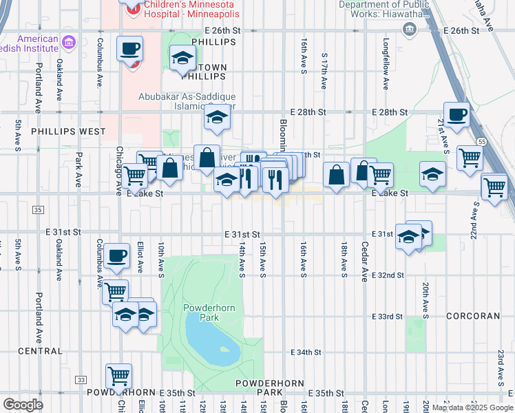 map of restaurants, bars, coffee shops, grocery stores, and more near 3029 South 15th Avenue in Minneapolis
