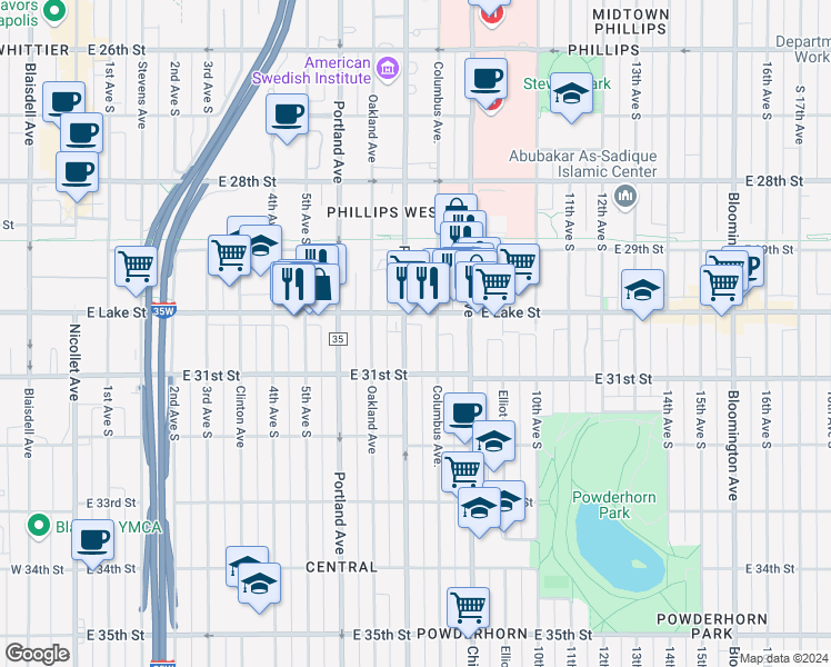 map of restaurants, bars, coffee shops, grocery stores, and more near 3024 Park Avenue in Minneapolis
