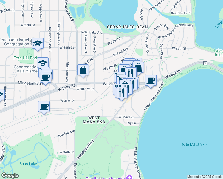 map of restaurants, bars, coffee shops, grocery stores, and more near 3421 West Lake Street in Minneapolis