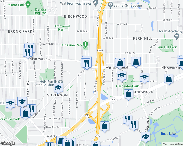 map of restaurants, bars, coffee shops, grocery stores, and more near 3121 Webster Avenue South in Minneapolis