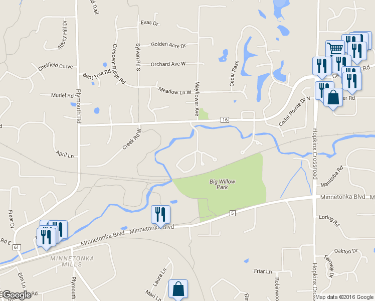 map of restaurants, bars, coffee shops, grocery stores, and more near 3010 Saint Albans Mill Road in Minnetonka