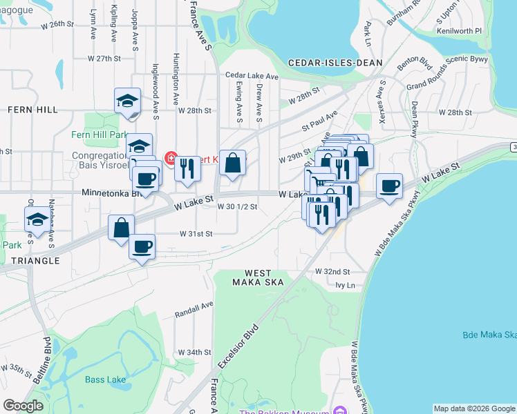 map of restaurants, bars, coffee shops, grocery stores, and more near 3000 Lake Shore Drive in Minneapolis
