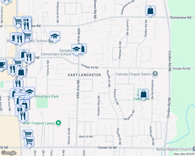 map of restaurants, bars, coffee shops, grocery stores, and more near 4618 Squire Court Northeast in Salem