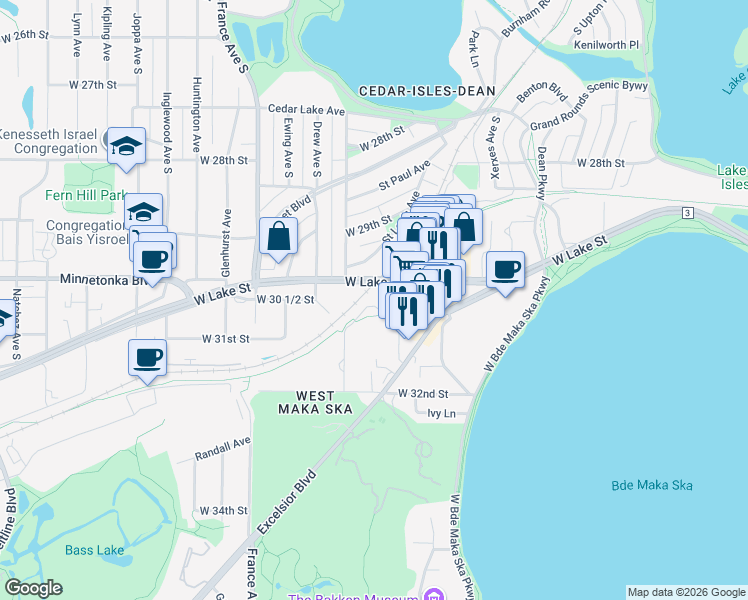 map of restaurants, bars, coffee shops, grocery stores, and more near 3421 West Lake Street in Minneapolis