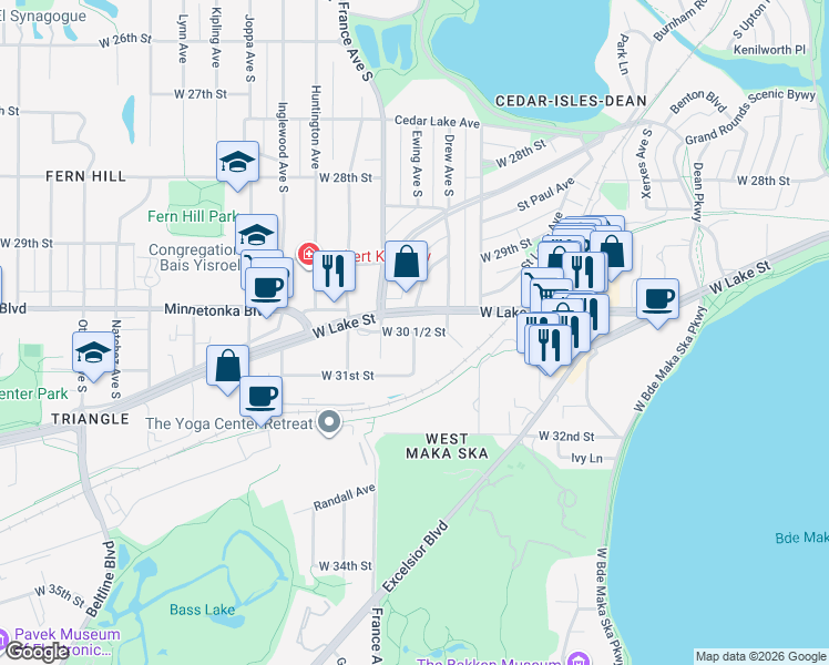 map of restaurants, bars, coffee shops, grocery stores, and more near West 30 1/2 Street in Minneapolis