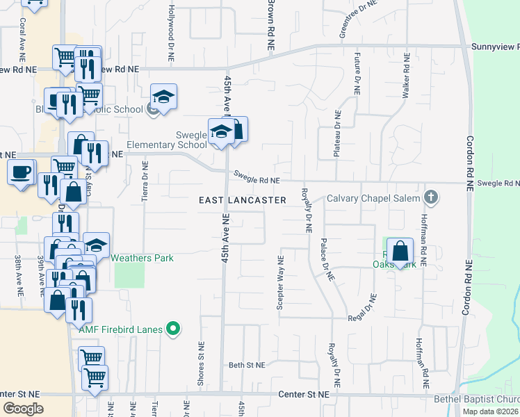 map of restaurants, bars, coffee shops, grocery stores, and more near 4591 Farrell Avenue Northeast in Salem