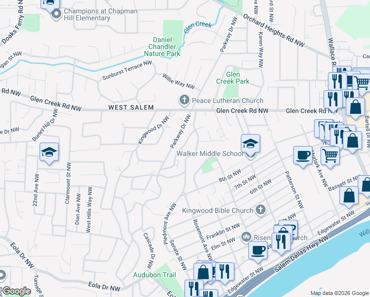 map of restaurants, bars, coffee shops, grocery stores, and more near 1010 Terrace Drive Northwest in Salem
