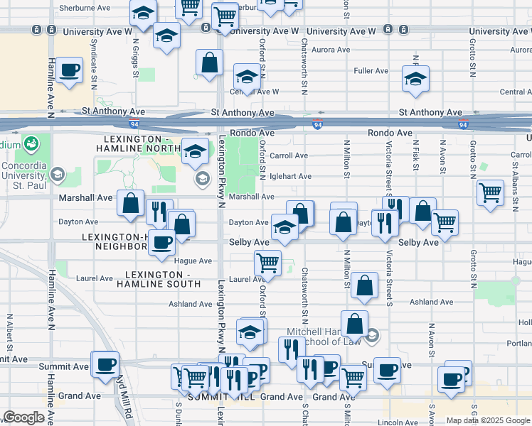 map of restaurants, bars, coffee shops, grocery stores, and more near 1035 Dayton Avenue in Saint Paul