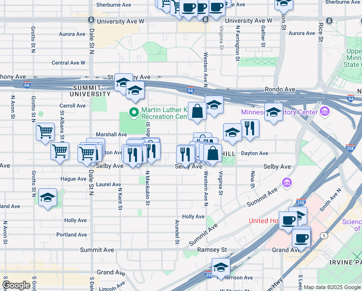 map of restaurants, bars, coffee shops, grocery stores, and more near 437 Dayton Avenue in Saint Paul