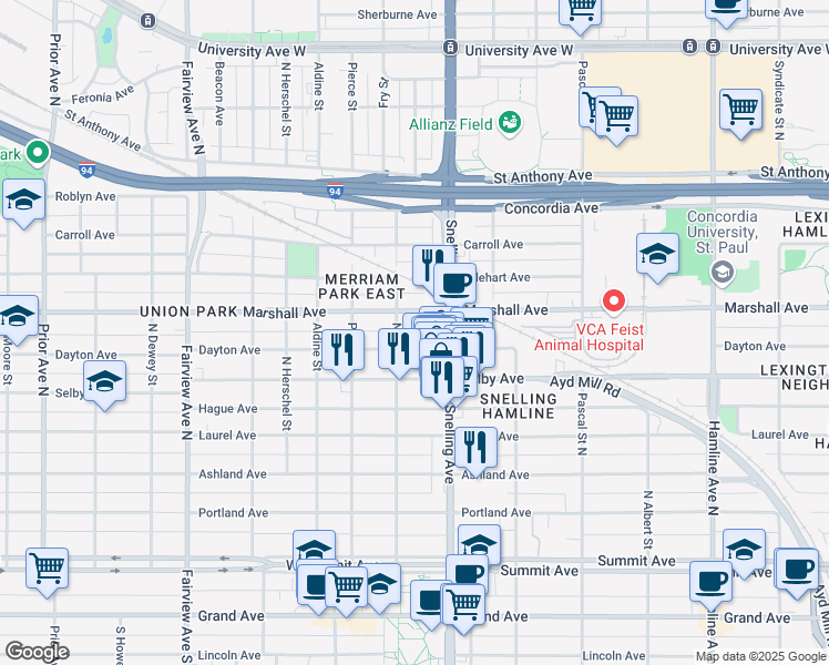 map of restaurants, bars, coffee shops, grocery stores, and more near 1595 Dayton Avenue in Saint Paul
