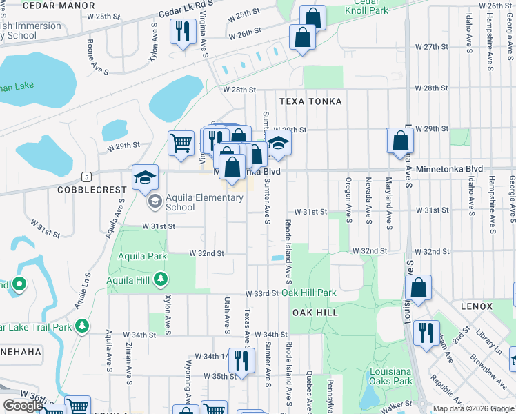 map of restaurants, bars, coffee shops, grocery stores, and more near 3101 Sumter Avenue South in Minneapolis
