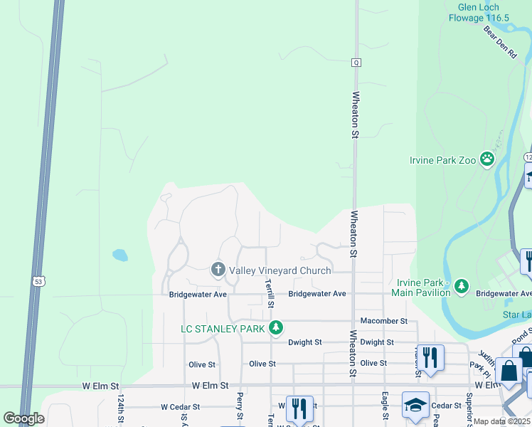 map of restaurants, bars, coffee shops, grocery stores, and more near 1737 Brickyard Lane in Chippewa Falls