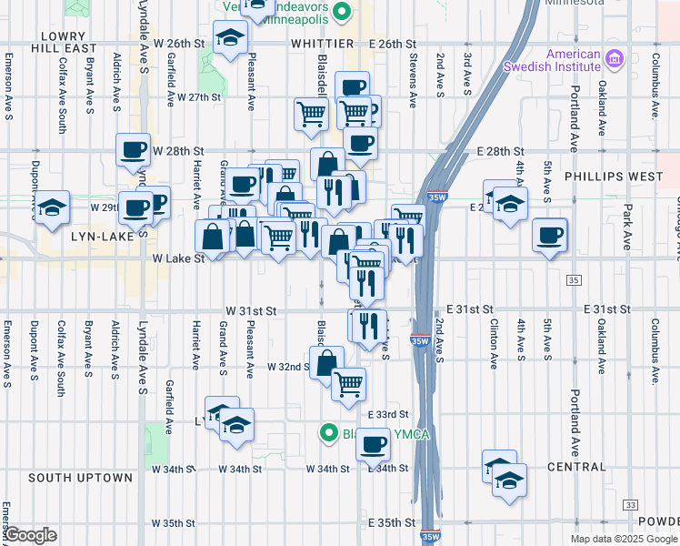 map of restaurants, bars, coffee shops, grocery stores, and more near 3000 Nicollet Ave in Minneapolis