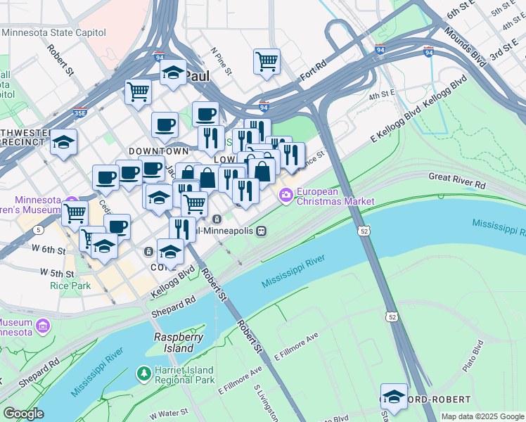 map of restaurants, bars, coffee shops, grocery stores, and more near 241 East Kellogg Boulevard in Saint Paul