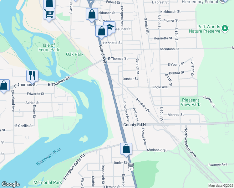 map of restaurants, bars, coffee shops, grocery stores, and more near 1106 Prospect Avenue in Wausau