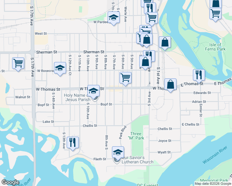 map of restaurants, bars, coffee shops, grocery stores, and more near 1122 South 7th Avenue in Wausau