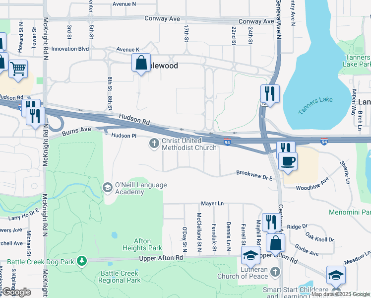 map of restaurants, bars, coffee shops, grocery stores, and more near 201 Brookview Court in Saint Paul