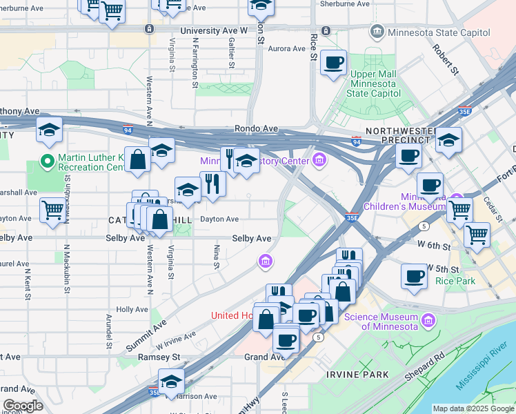 map of restaurants, bars, coffee shops, grocery stores, and more near 231 Dayton Avenue in Saint Paul