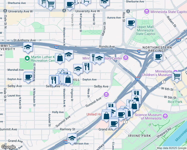 map of restaurants, bars, coffee shops, grocery stores, and more near 265 Dayton Avenue in Saint Paul