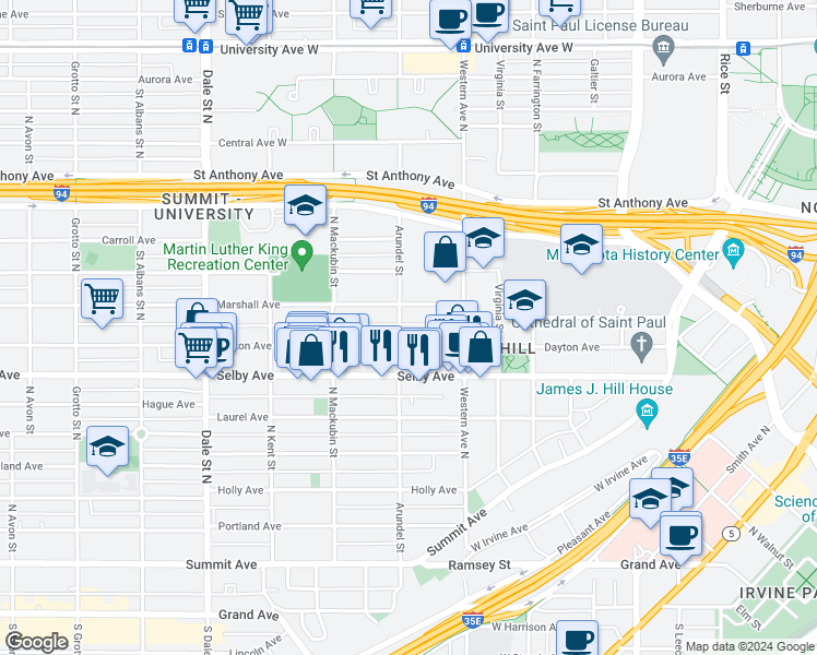 map of restaurants, bars, coffee shops, grocery stores, and more near 437 Dayton Avenue in Saint Paul