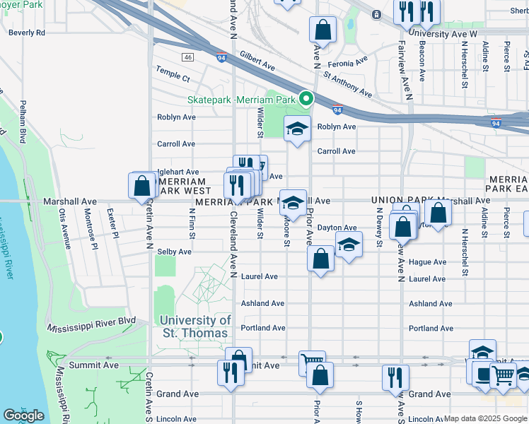 map of restaurants, bars, coffee shops, grocery stores, and more near 2023 Dayton Avenue in Saint Paul