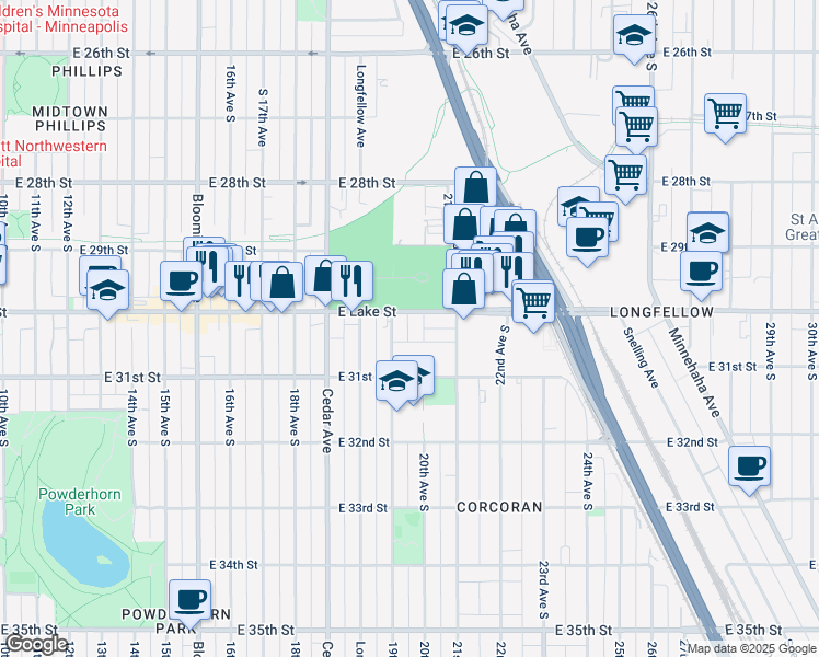 map of restaurants, bars, coffee shops, grocery stores, and more near 3017 19th Avenue South in Minneapolis