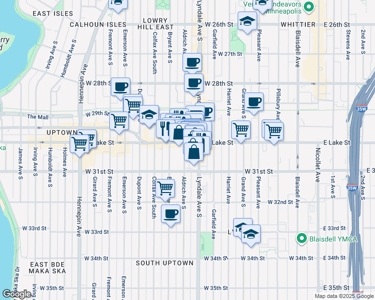 map of restaurants, bars, coffee shops, grocery stores, and more near 3024 Aldrich Avenue South in Minneapolis